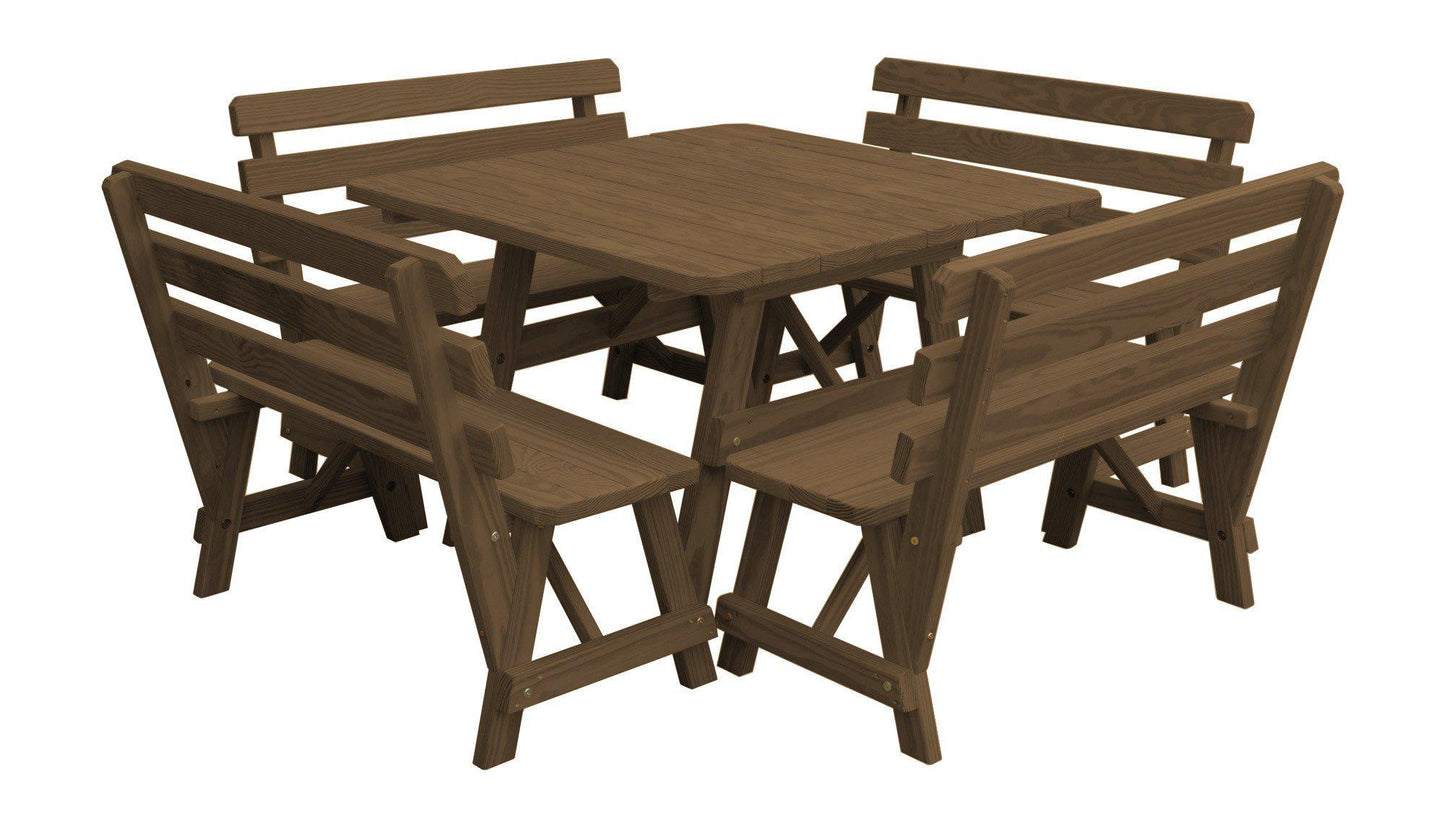 A&L Furniture Co. Yellow Pine 43" Sq. Table w/ 4 Backed Benches - Specify for Umbrella Hole - LEAD TIME TO SHIP 10 BUSINESS DAYS