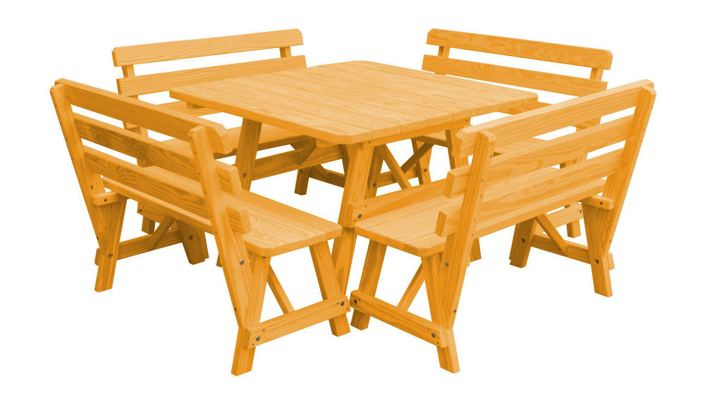 A&L Furniture Co. Yellow Pine 43" Sq. Table w/ 4 Backed Benches - Specify for Umbrella Hole - LEAD TIME TO SHIP 10 BUSINESS DAYS