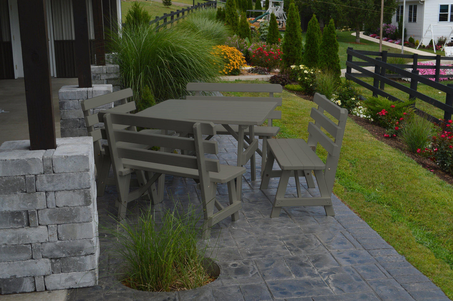 A&L Furniture Co. Yellow Pine 43" Sq. Table w/ 4 Backed Benches - Specify for Umbrella Hole - LEAD TIME TO SHIP 10 BUSINESS DAYS