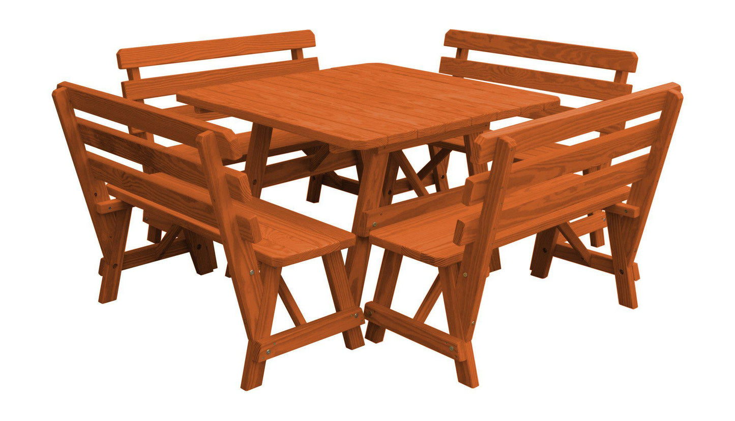 A&L Furniture Co. Yellow Pine 43" Sq. Table w/ 4 Backed Benches - Specify for Umbrella Hole - LEAD TIME TO SHIP 10 BUSINESS DAYS