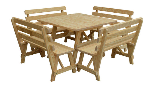 A&L Furniture Co. Yellow Pine 43" Sq. Table w/ 4 Backed Benches - LEAD TIME TO SHIP 10 BUSINESS DAYS