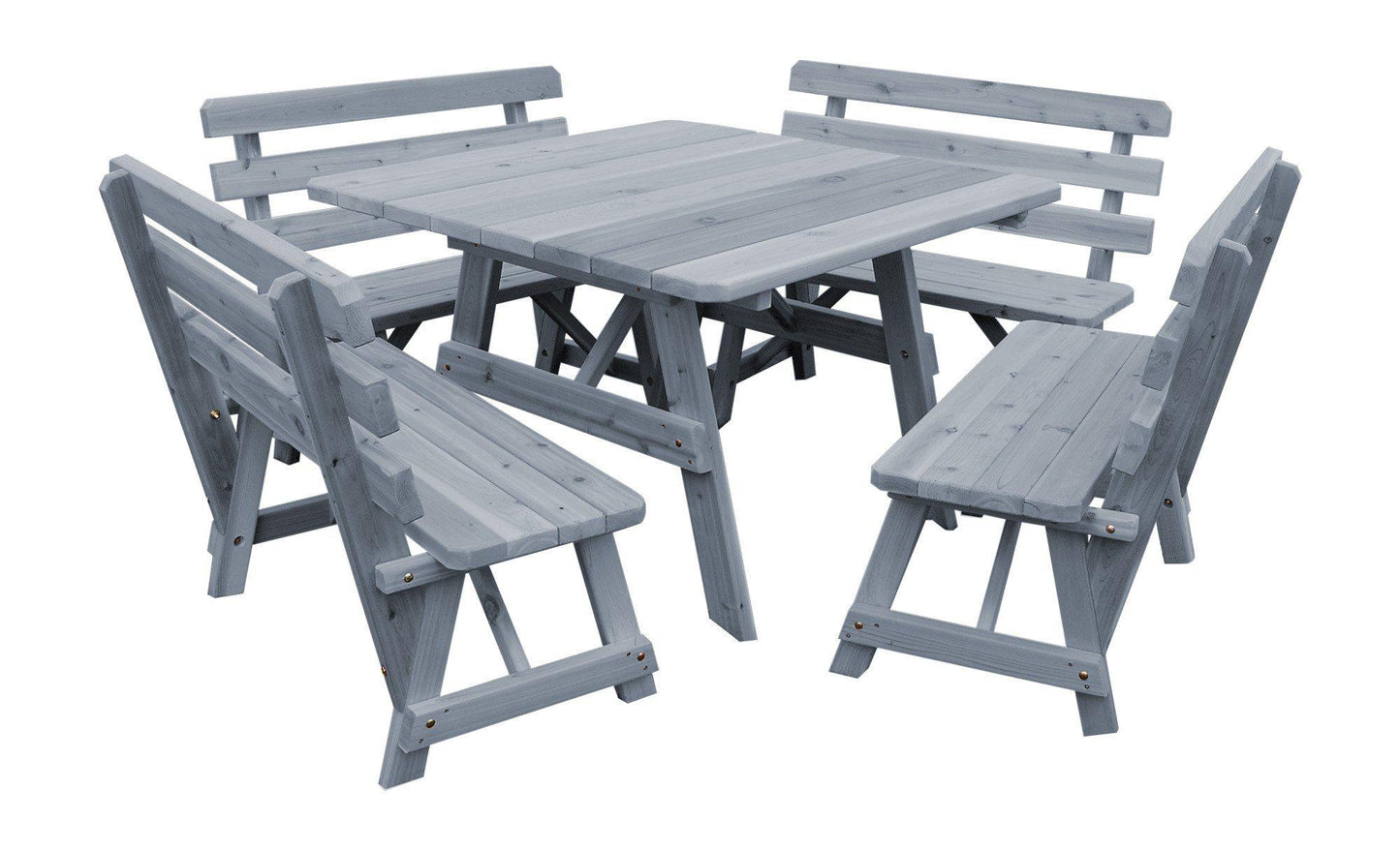 A&L FURNITURE CO. Western Red Cedar 43" Square Table w/ 4 Backed Benches- Specify for FREE 2" Umbrella Hole - LEAD TIME TO SHIP 4 WEEKS OR LESS