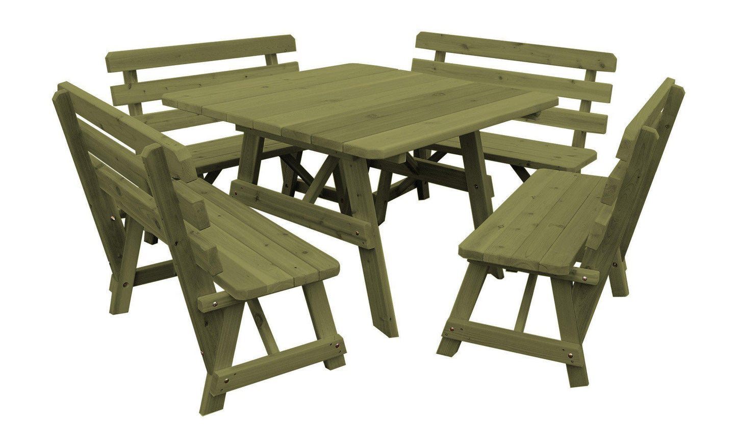 A&L FURNITURE CO. Western Red Cedar 43" Square Table w/ 4 Backed Benches- Specify for FREE 2" Umbrella Hole - LEAD TIME TO SHIP 4 WEEKS OR LESS