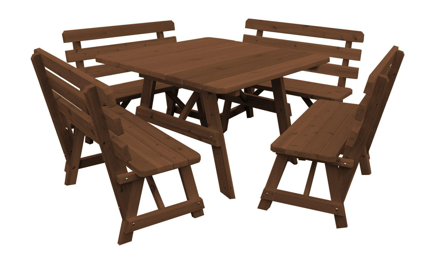 A&L FURNITURE CO. Western Red Cedar 43" Square Table w/ 4 Backed Benches- Specify for FREE 2" Umbrella Hole - LEAD TIME TO SHIP 4 WEEKS OR LESS