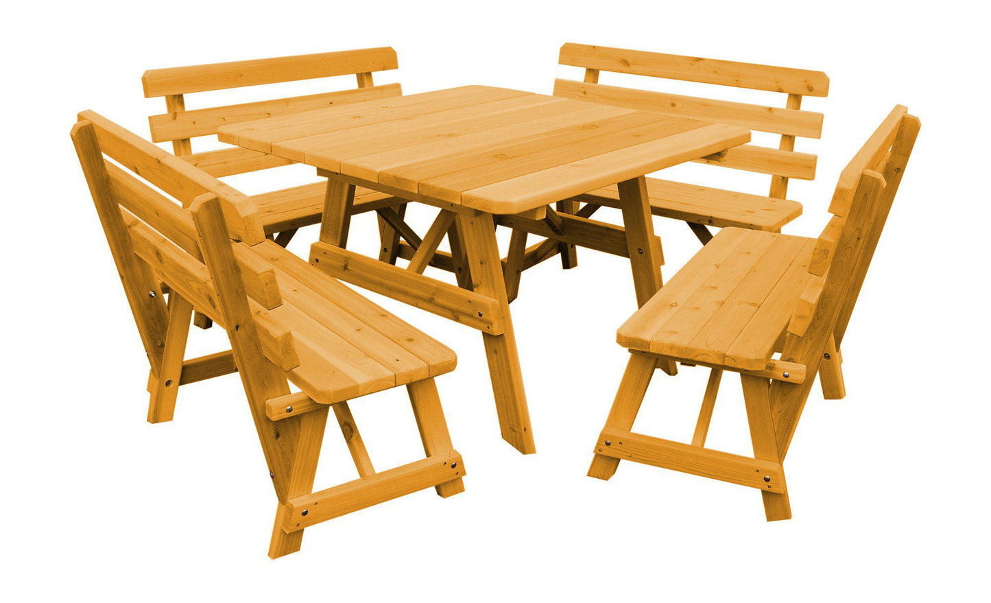 A&L FURNITURE CO. Western Red Cedar 43" Square Table w/ 4 Backed Benches- Specify for FREE 2" Umbrella Hole - LEAD TIME TO SHIP 4 WEEKS OR LESS