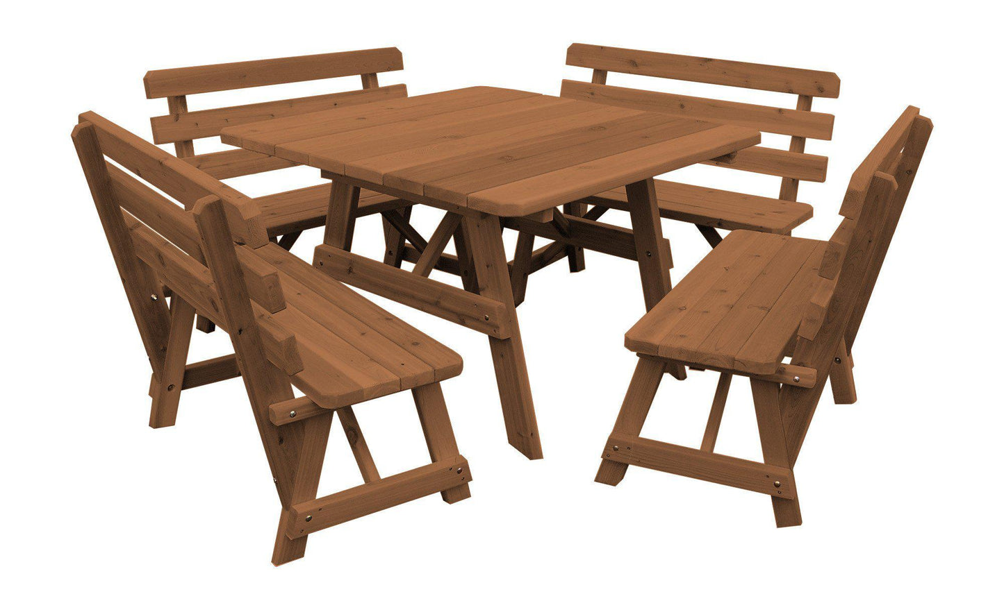A&L FURNITURE CO. Western Red Cedar 43" Square Table w/ 4 Backed Benches- Specify for FREE 2" Umbrella Hole - LEAD TIME TO SHIP 4 WEEKS OR LESS
