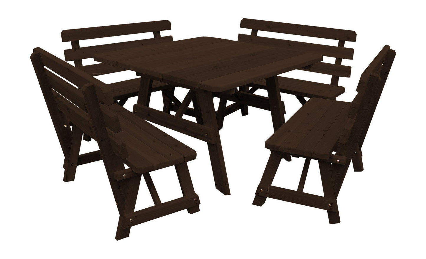 A&L FURNITURE CO. Western Red Cedar 43" Square Table w/ 4 Backed Benches- Specify for FREE 2" Umbrella Hole - LEAD TIME TO SHIP 4 WEEKS OR LESS