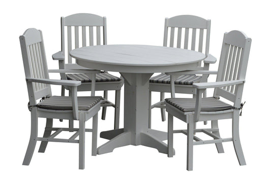 A&L Furniture Recycled Plastic Round Table with Classic Dining Chairs w Arms 5 Piece Dining Set - White