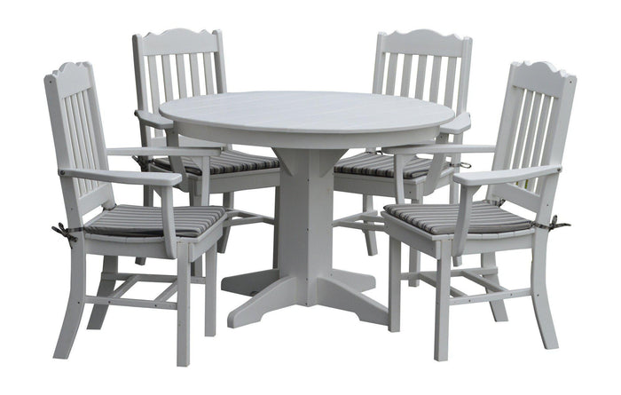 A&L Furniture Recycled Plastic Round Table with Royal Dining Chairs w/ Arms 5 Piece Dining Set - White