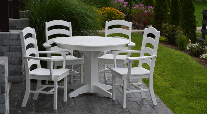 A&L Furniture Recycled Plastic Round Table with Ladderback Dining Chair w/ Arms 5 Piece Dining Set - White