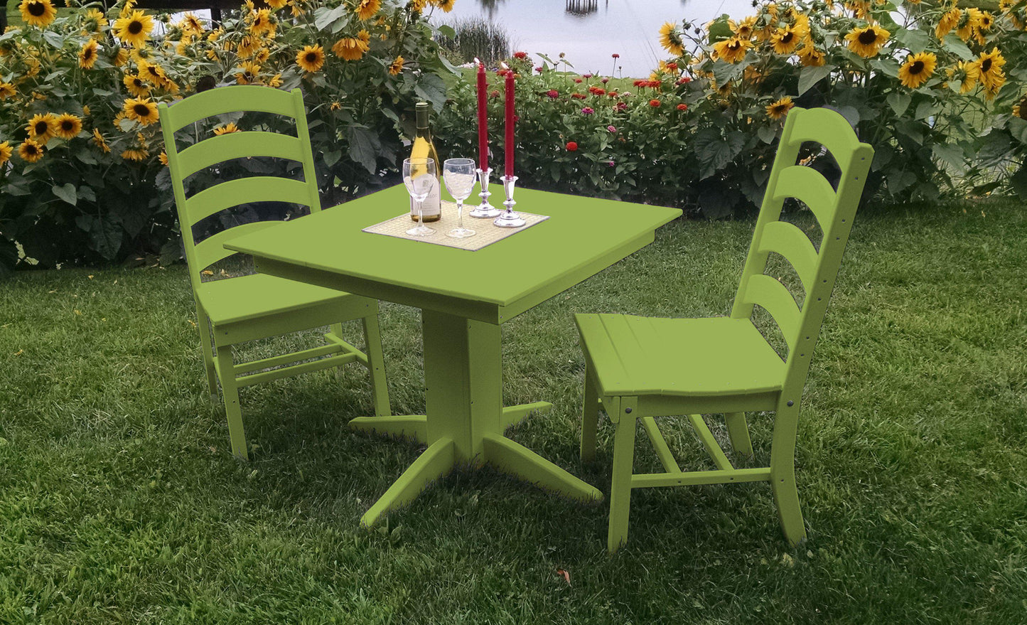 A&L Furniture Recycled Plastic Square Table with Ladderback Dining Chairs Dining Set - Tropical Lime