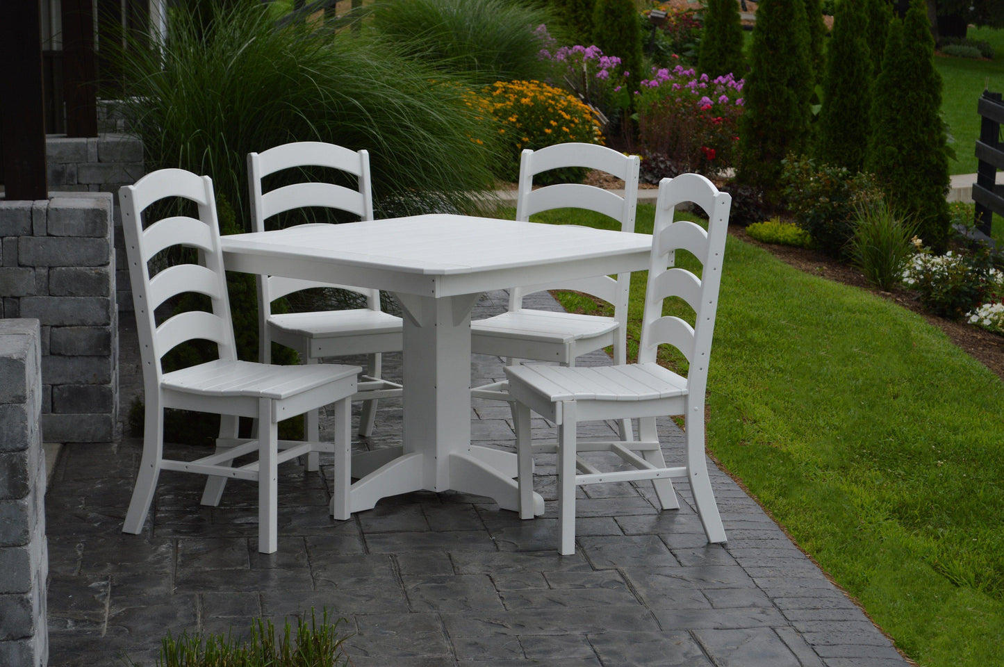 A&L Furniture Recycled Plastic Square Table with Ladderback Chairs 5 Piece Dining Set - White