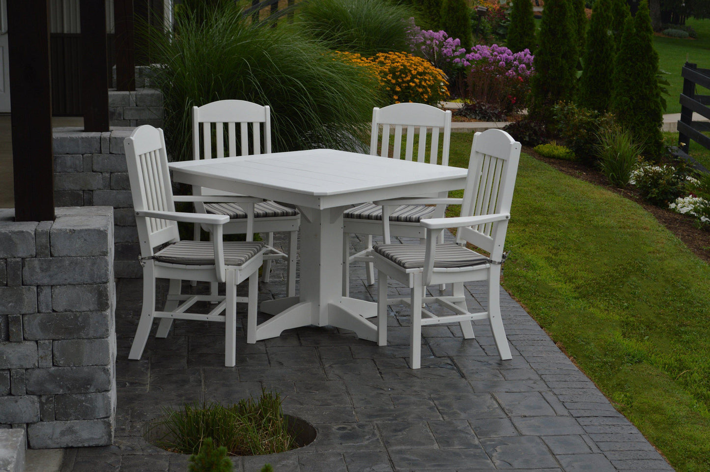 A&L Furniture Recycled Plastic 5 Piece Square Table with Classic Dining Chairs w Arms Set - White
