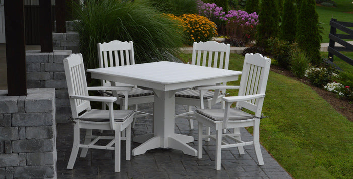 A&L Furniture Recycled Plastic Square Table with Royal Dining Chairs w Arms 5 Piece Set - White