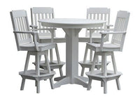 A&L Furniture Recycled Plastic 44in Round Bar Height Table with Traditional Swivel Chairs 5 Piece Set - White