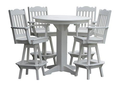 A&L Furniture Recycled Plastic 44in Round Bar Height Table with Royal Swivel Bar Chair 5 Piece Set - White