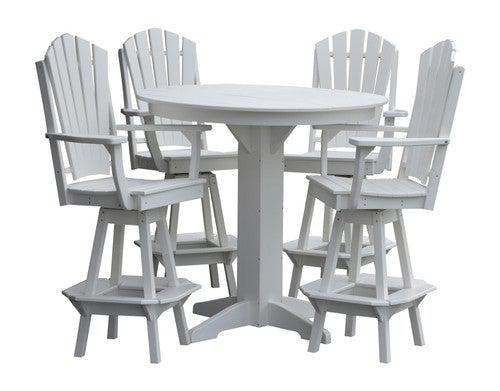 A&L Furniture Recycled Plastic 44in Round Bar Height Table with Adirondack Swivel Bar Chair 5 Piece Set - White