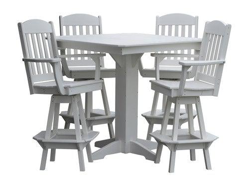 A&L Furniture Recycled Plastic 44in Square Bar Height Table with Classic Swivel Bar Chairs 5 Piece Set - White