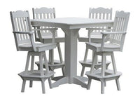 A&L Furniture Recycled Plastic 44in Square Bar Height Table with Royal Swivel Bar Chairs 5 Piece Set - White