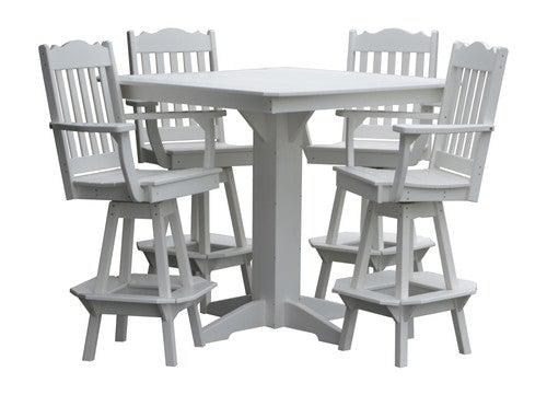 A&L Furniture Recycled Plastic 44in Square Bar Height Table with Royal Swivel Bar Chairs 5 Piece Set - White