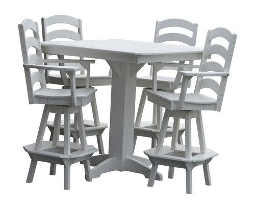 A&L Furniture Recycled Plastic 44in Square Bar Height Table with Ladderback Swivel Bar Chairs 5 Piece Set - White