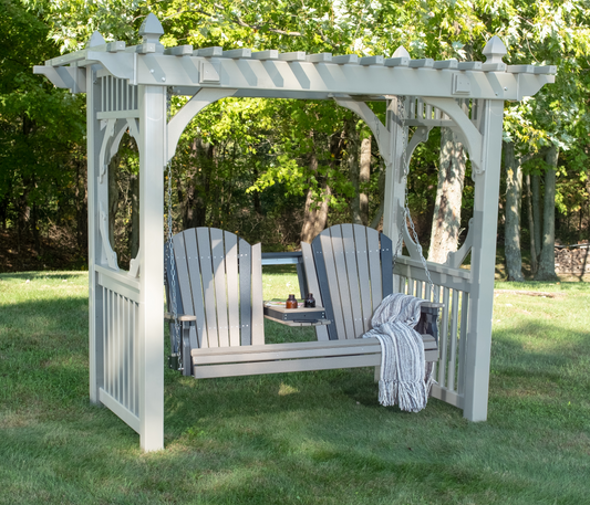 LuxCraft Adirondack 5ft. Recycled Plastic Porch Swing with Flip Down Center Console handing From the Luxcraft pergola porch swing stand - Weatherwood on black