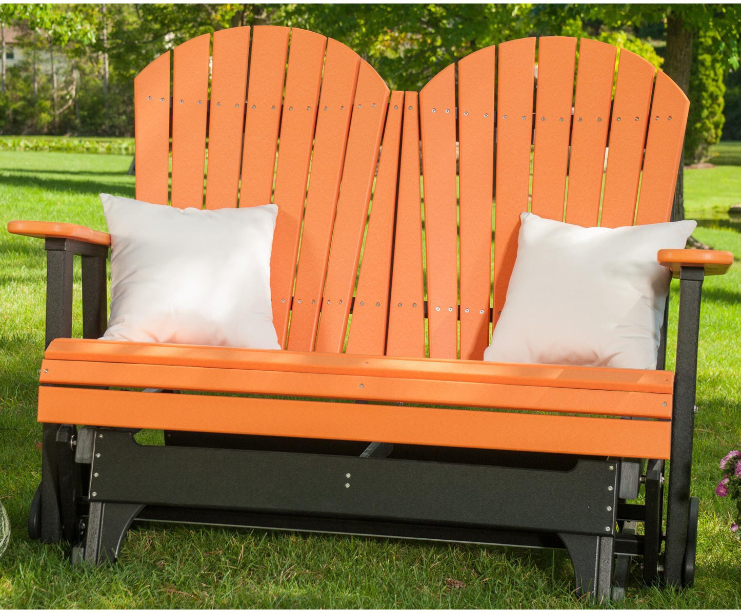 luxcraft recycled plastic 4' adirondack glider chair tangerine on black