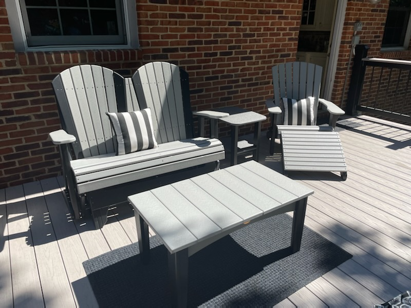 luxcraft recycled plastic 4' adirondack glider chair dove gray on black set